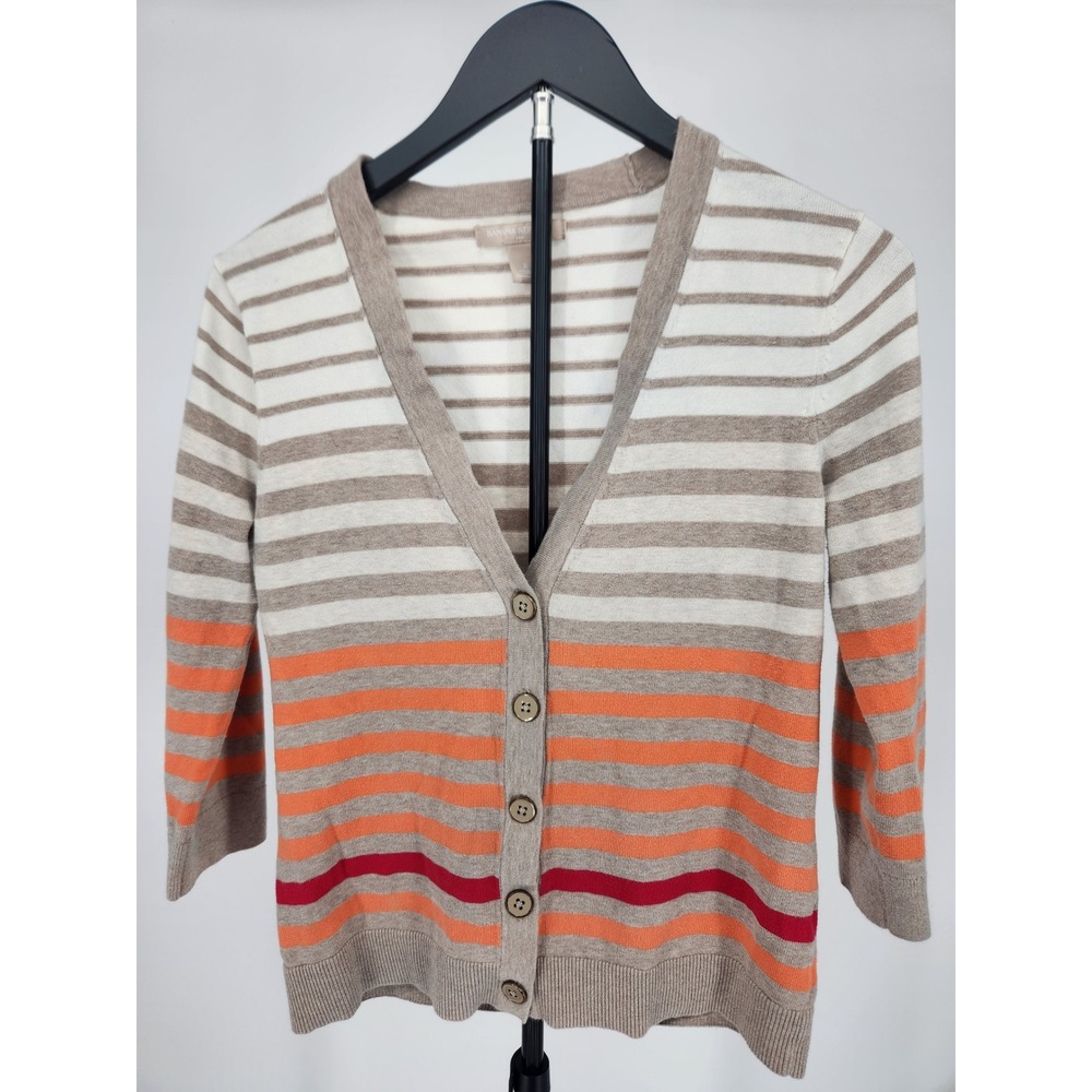Banana Republic Womens Striped Cotton Cardigan Sweater Orange Tan S 399912-01